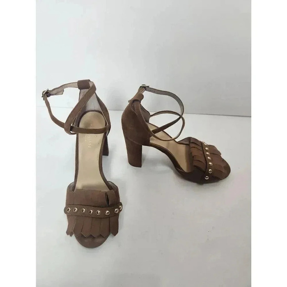 kate spade Shoes - Kate Spade Brown Suede Block Heels Kiltie Fringe Cross Straps Size 7.